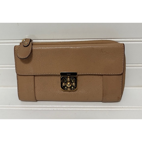 CHLOE Elsie Long Beige Leather Large Wallet Clutch